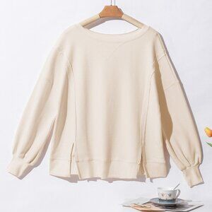White Waffle knit Bishop Sleeve Split Oversized Top
